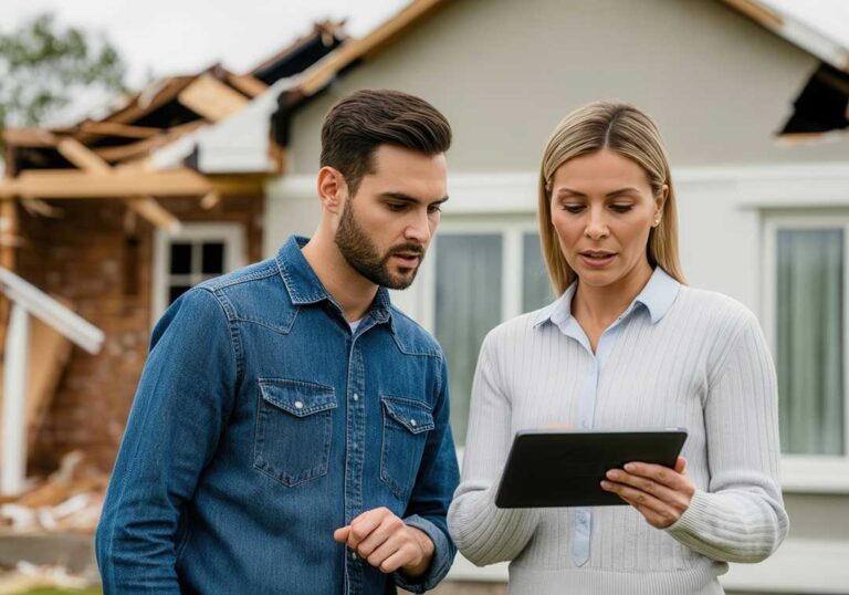 Two people review property damage photos, repair estimates, and an insurance policy at a kitchen table.